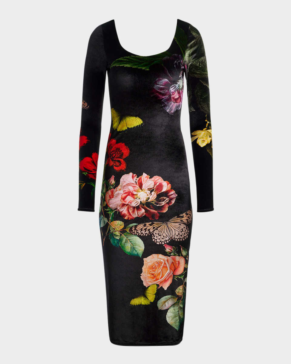 In The Wind Floral Delora Scoop-Neck Velvet Midi Dress